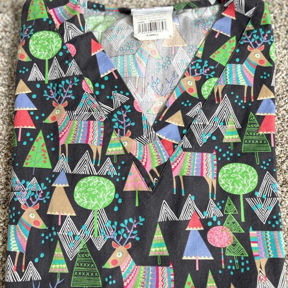 Uniform Advantage Colorful Reindeer Print Scrub Top
